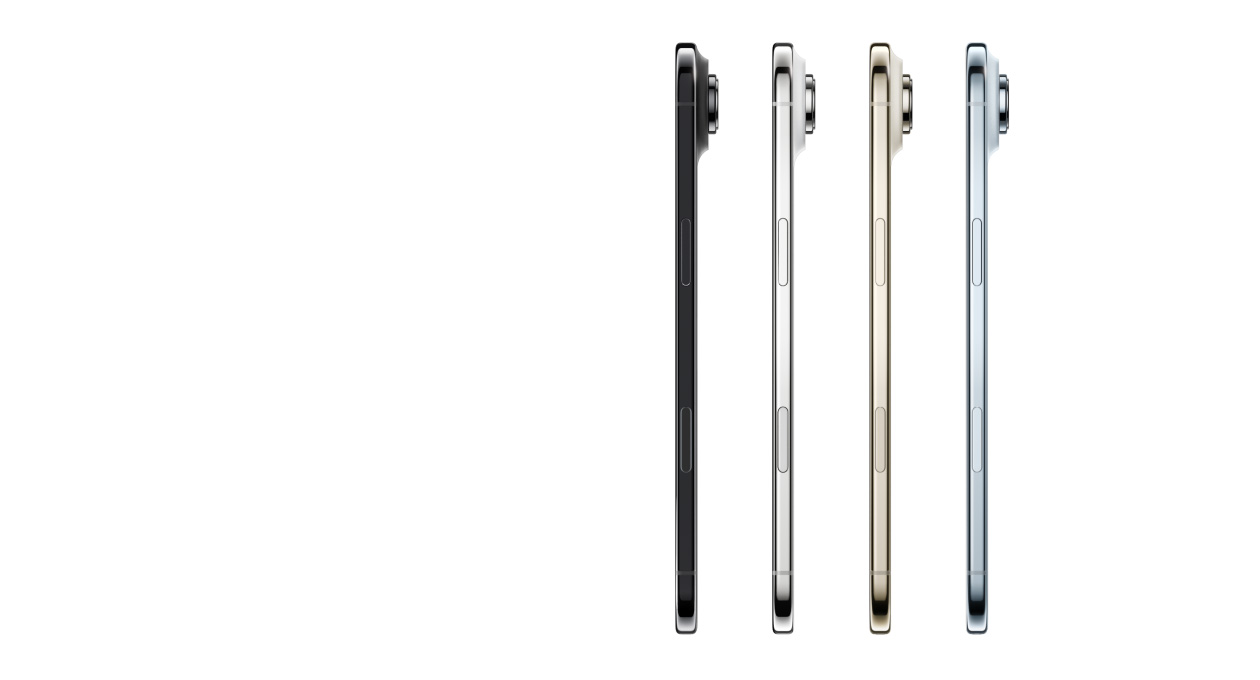 Gök Mavisi, Uçuk Altın Rengi, Pamuk Beyazı ve Uzay Siyahı iPhone Air’in yandan dış görünümü, çok ince profil, Fusion kamera sistemi, Yan düğme ve Kamera Denetimi düğmesi