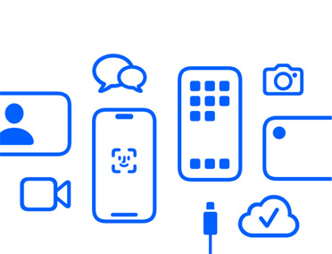 อุปกรณ์และคุณสมบัติของ Apple, iCloud, iPhone พร้อม Face ID และสายชาร์จ, กล้อง, การส่งข้อความ, แอปข้อความ
