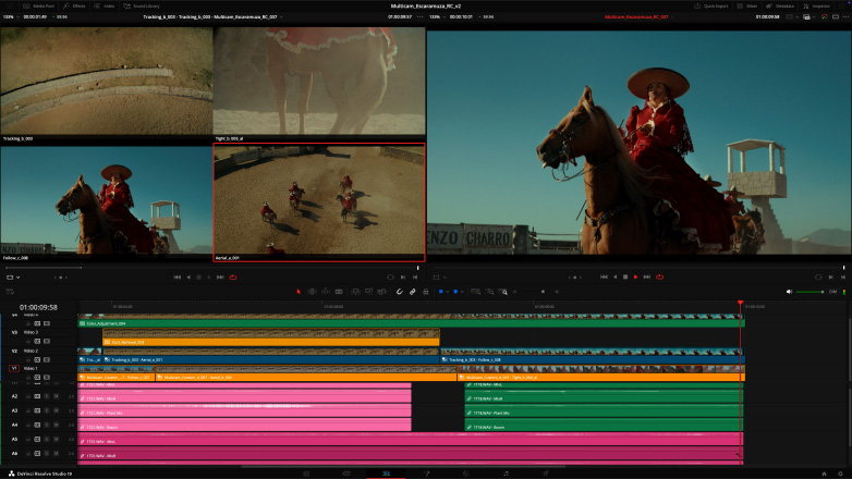 Studio Display e Mac Studio mostrano il flusso di montaggio di un video multicamera in DaVinci Resolve Studio