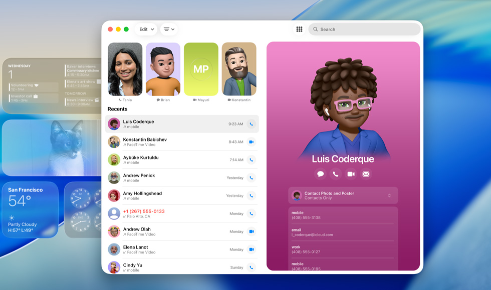 Sperrbildschirm mit geöffneter FaceTime App, Liste der letzten Anrufe neben Kontaktkarte mit Genmoji und Namen der Person