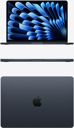 Vorderansicht und Draufsicht auf ein MacBook Air in Mitternacht