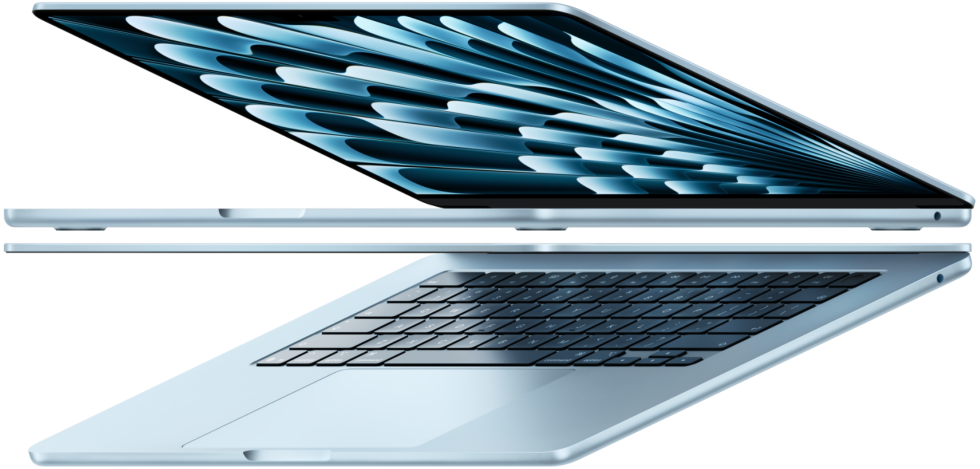 Zwei geöffnete MacBook Air Laptops in der Farbe Himmelblau bilden die Form eines Pfeils, um das dünne Profil zu zeigen