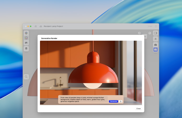 Bildschirm von Image Playground mit dem Bild einer hängenden Lampe und generativ gerendertem Text