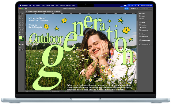 En MacBook Air viser et Adobe InDesign-prosjekt på skjermen.