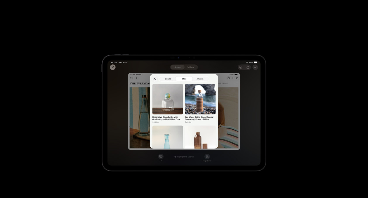 iPad Pro 11, Space Black, screen shows image of products in response to Visual Intelligence onscreen query about glass bottles, Ask or Image Search buttons displayed under images