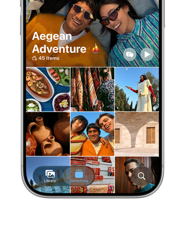 iPhone 17 Pro, Silver, front screen, grid of photos from vacation