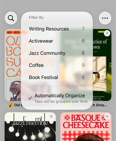 iPhone Safari browser, displaying the Filter menu with categories like Writing Resources, Activewear, Jazz Community, Coffee, and Book Festival, with Automatically Organize option selected
