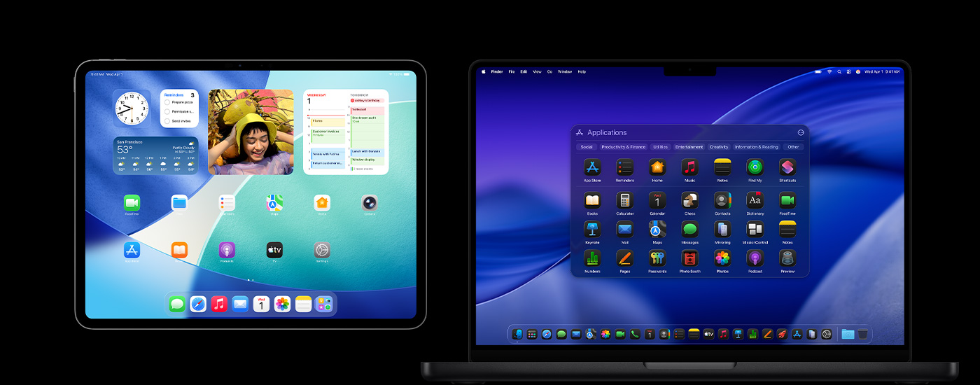 Hình ảnh iPad và máy Mac hiển thị nhiều biểu tượng ứng dụng khác nhau. Hình ảnh iPad hiển thị một số tiện ích, bao gồm Lịch, Thời tiết và Ảnh.