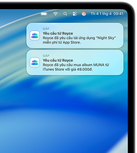 Hai thông báo về macOS ở góc trên bên phải màn hình máy Mac, mỗi thông báo hiển thị các yêu cầu mua hàng, yêu cầu đầu tiên cho Night Sky từ App Store, yêu cầu thứ hai cho album MUNA từ iTunes Store