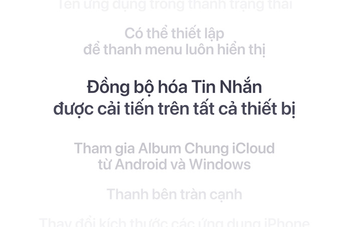 Một danh sách các tính năng theo chiều dọc, với “Tin Nhắn được đồng bộ hóa tốt hơn giữa các thiết bị” được hiển thị in đậm ở giữa. Các tính năng xung quanh mờ dần vào nền phía trên và dưới.
